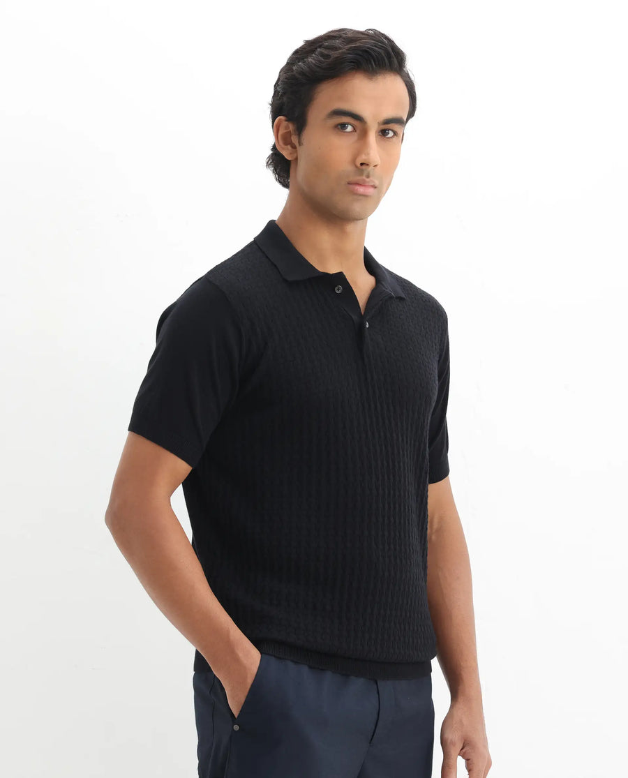 Rare Rabbit Men's Lincos Black Cotton Jacquard Slim Fit Half Sleeve Polo
