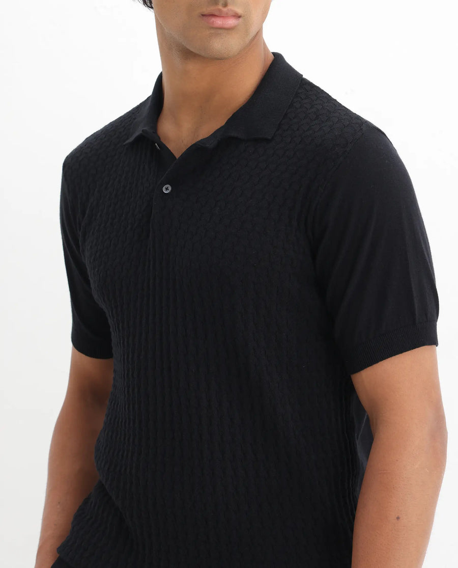 Rare Rabbit Men's Lincos Black Cotton Jacquard Slim Fit Half Sleeve Polo