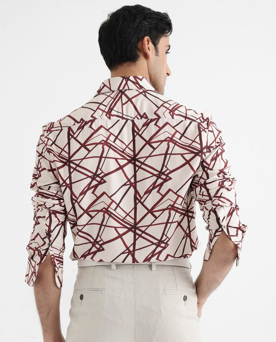 Rare Rabbit Men's Linden Beige Viscose Abstract Print Regular Fit Full Sleeve Collared Shirt
