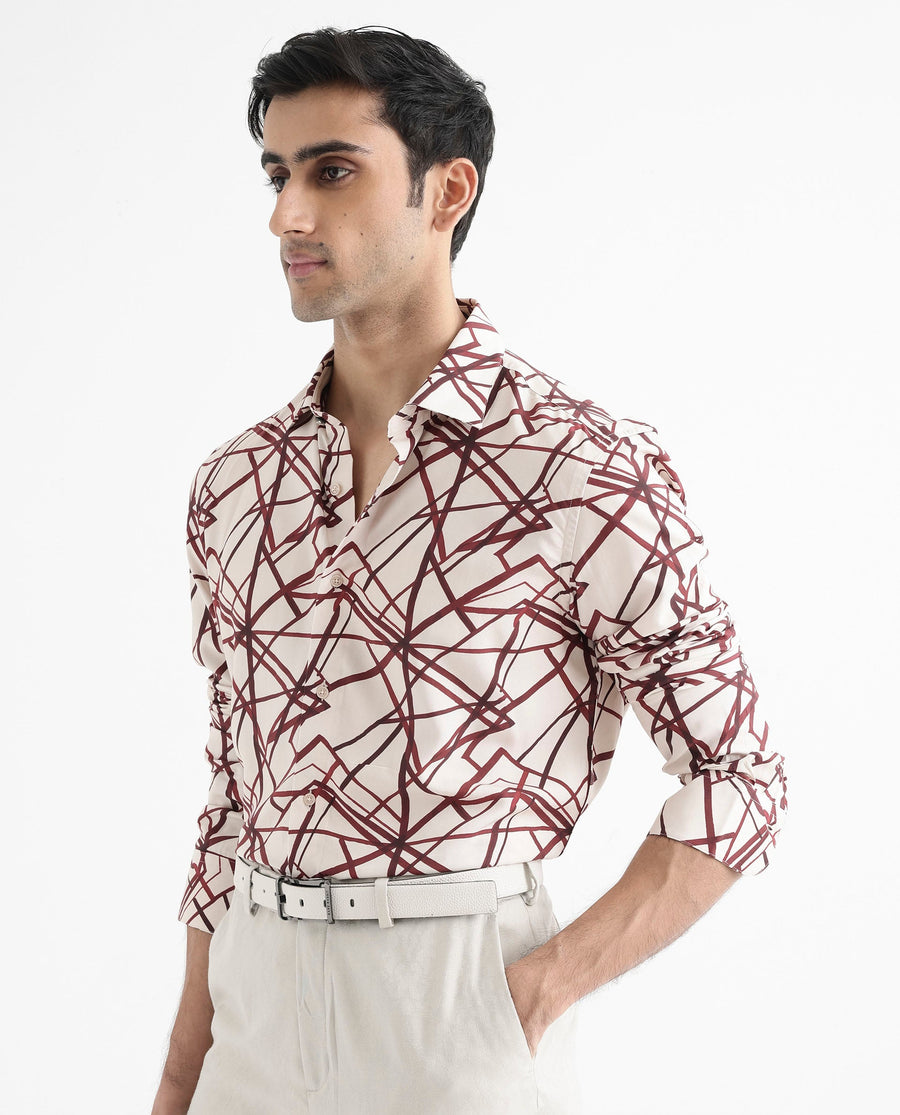 Rare Rabbit Men's Linden Beige Viscose Abstract Print Regular Fit Full Sleeve Collared Shirt
