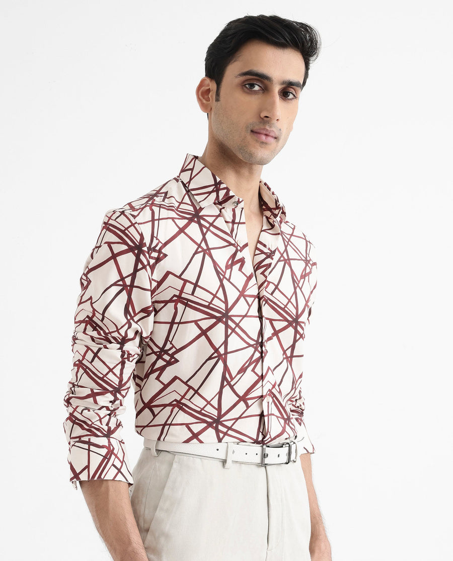Rare Rabbit Men's Linden Beige Viscose Abstract Print Regular Fit Full Sleeve Collared Shirt