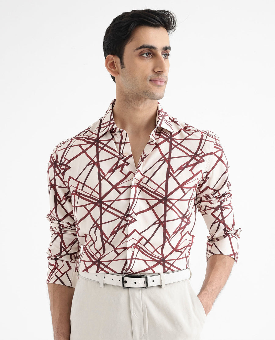 Rare Rabbit Men's Linden Beige Viscose Abstract Print Regular Fit Full Sleeve Collared Shirt