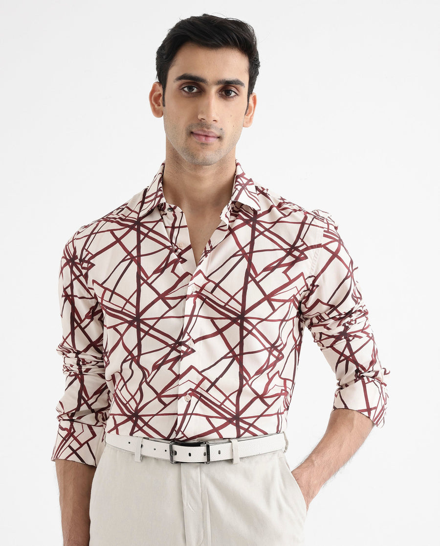 Rare Rabbit Men's Linden Beige Viscose Abstract Print Regular Fit Full Sleeve Collared Shirt