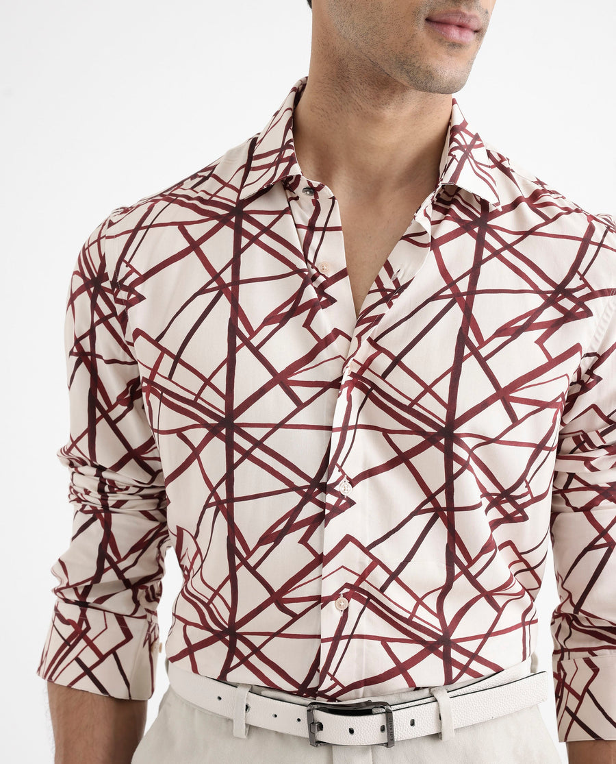 Rare Rabbit Men's Linden Beige Viscose Abstract Print Regular Fit Full Sleeve Collared Shirt