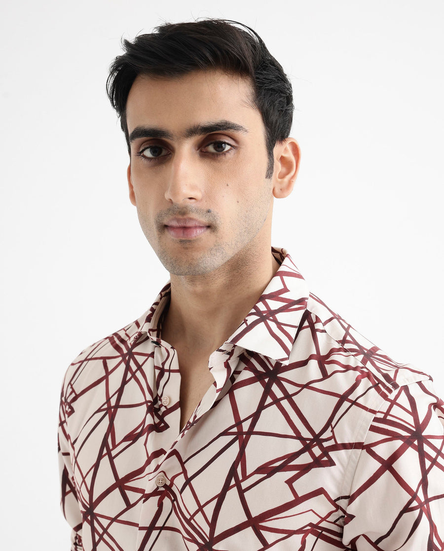 Rare Rabbit Men's Linden Beige Viscose Abstract Print Regular Fit Full Sleeve Collared Shirt