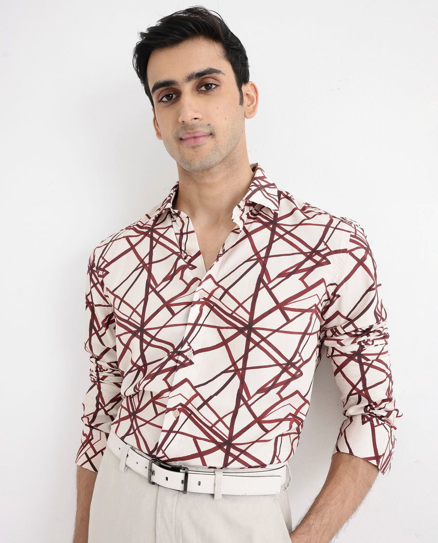 Rare Rabbit Men's Linden Beige Viscose Abstract Print Regular Fit Full Sleeve Collared Shirt