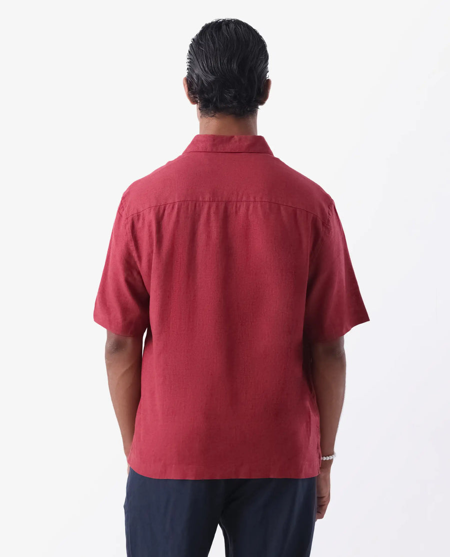 Rare Rabbit Men's Linex-1 Ss Red 100% Linen Plain Regular Fit Half Sleeve Collared Shirt
