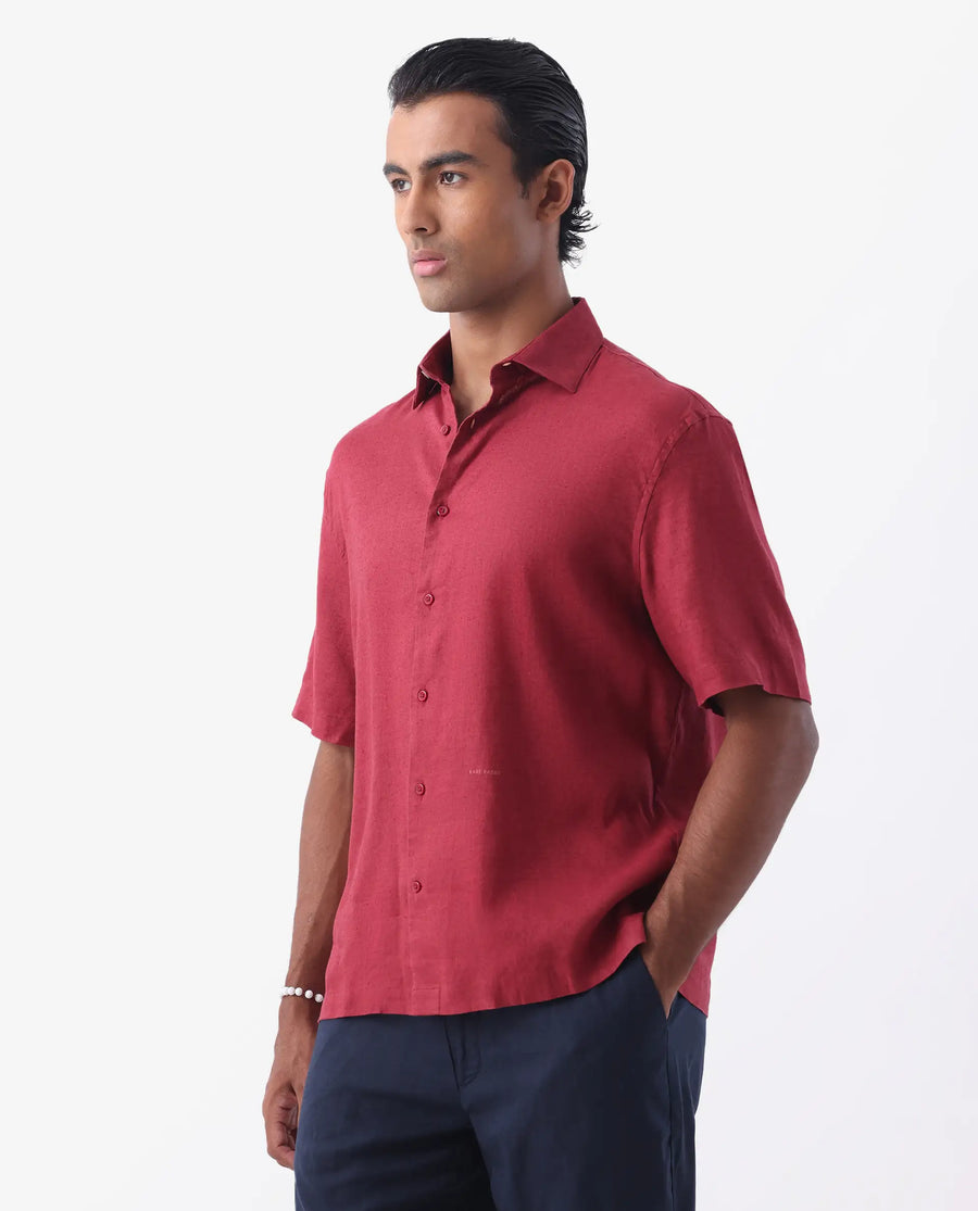 Rare Rabbit Men's Linex-1 Ss Red 100% Linen Plain Regular Fit Half Sleeve Collared Shirt