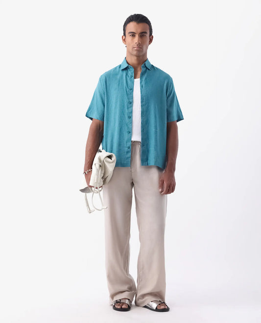 Rare Rabbit Men's Linex-1 Ss Turq 100% Linen Plain Regular Fit Half Sleeve Collared Shirt