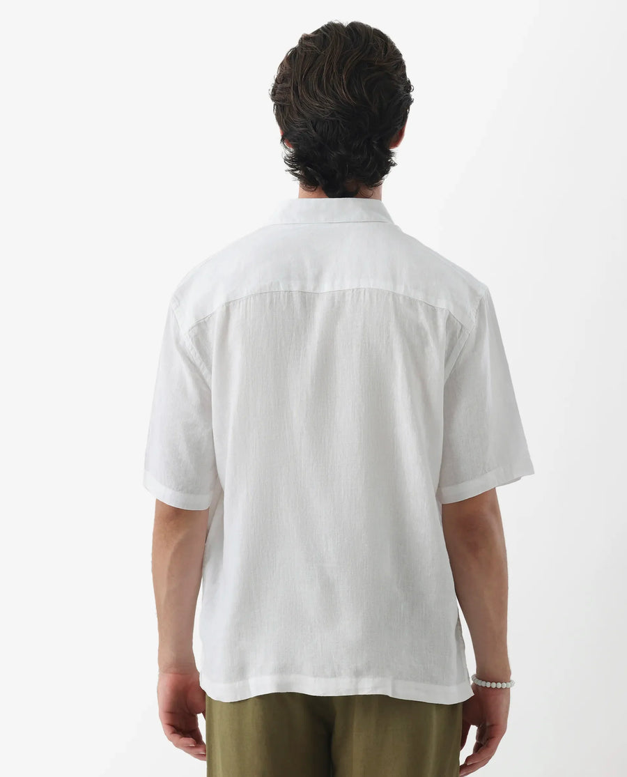 Rare Rabbit Men's Linex-1 Ss White 100% Linen Plain Regular Fit Half Sleeve Collared Shirt