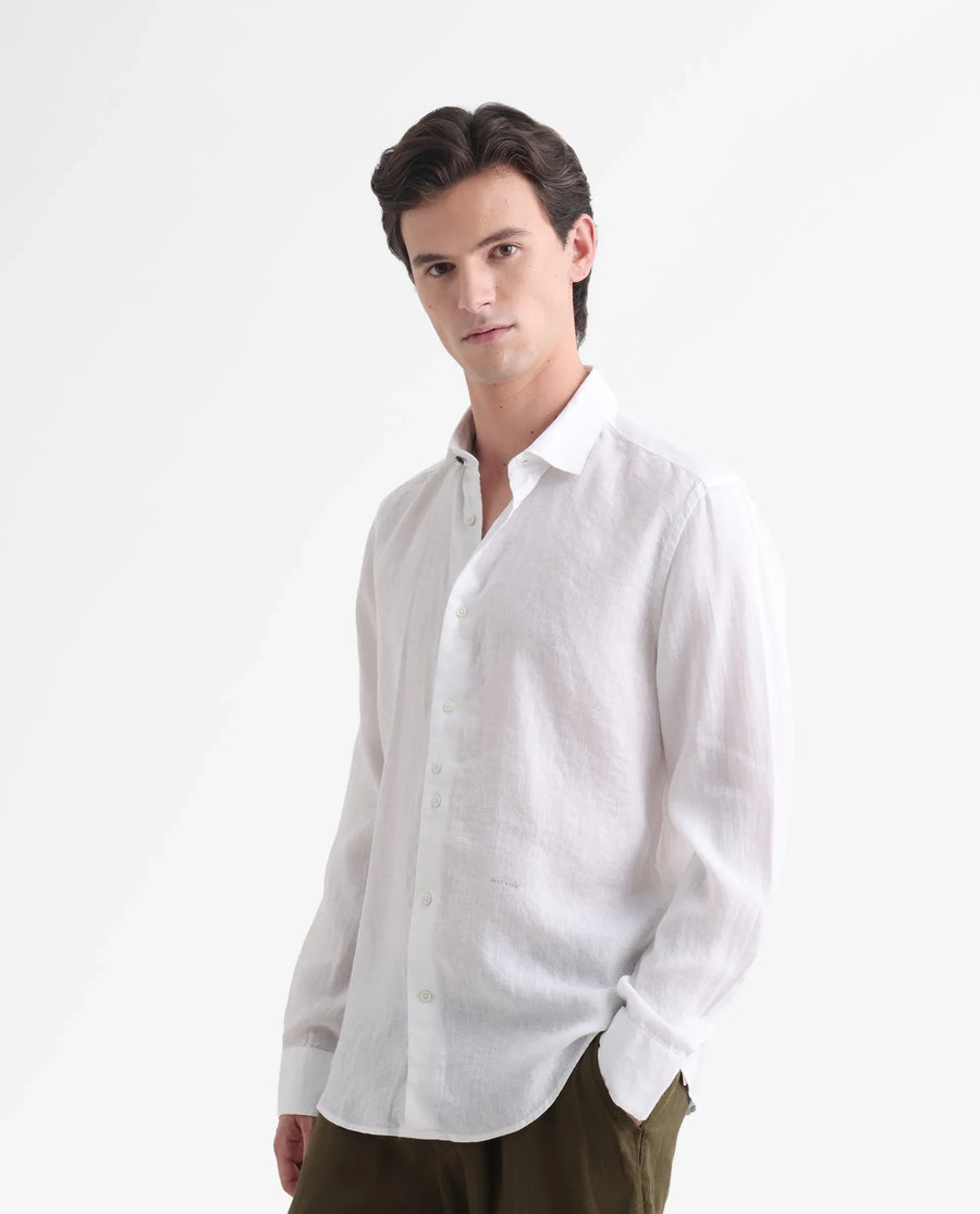 Rare Rabbit Men's Linex-1 White Linen Plain Regular Fit Full Sleeve Collared Shirt