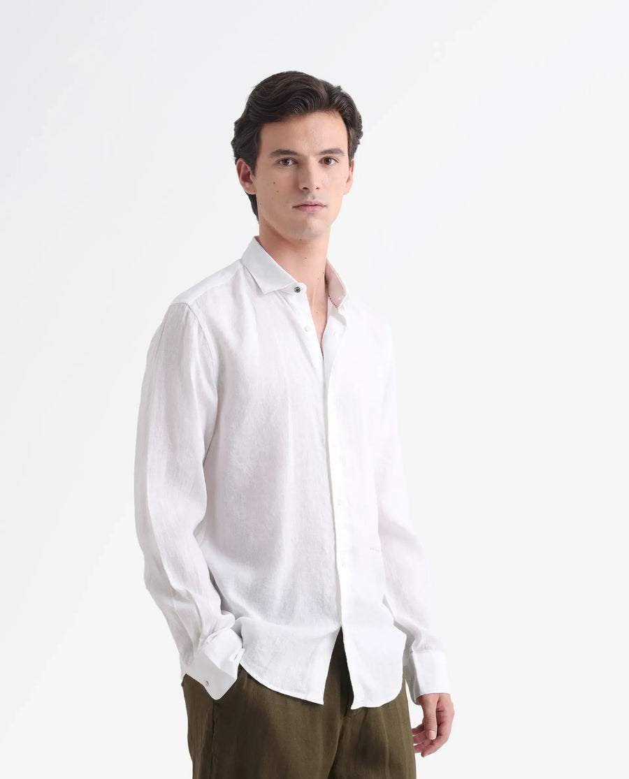 Rare Rabbit Men's Linex-1 White Linen Plain Regular Fit Full Sleeve Collared Shirt