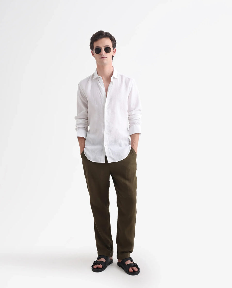 Rare Rabbit Men's Linex-1 White Linen Plain Regular Fit Full Sleeve Collared Shirt