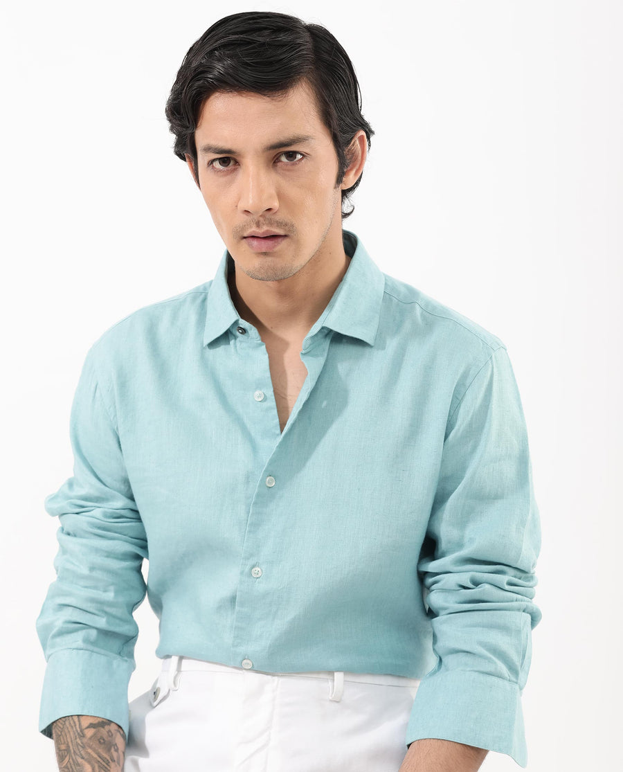 Rare Rabbit Men's Linex-1 Flouroscent Blue Linen Plain Regular Fit Full Sleeve Collared Shirt