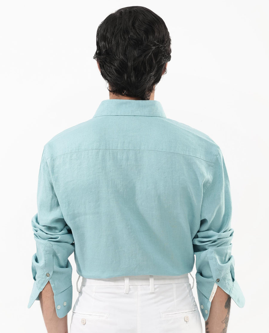 Rare Rabbit Men's Linex-1 Flouroscent Blue Linen Plain Regular Fit Full Sleeve Collared Shirt