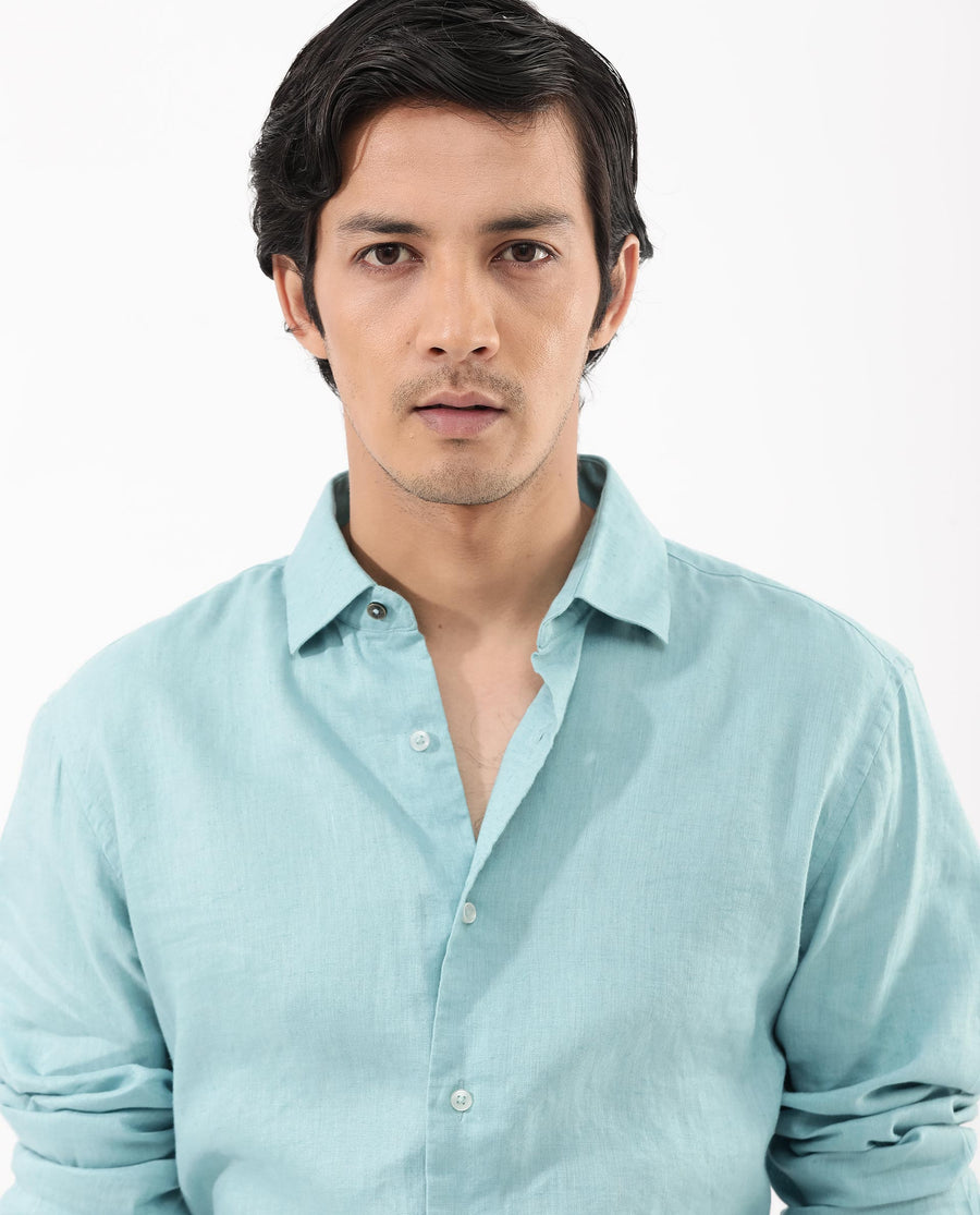 Rare Rabbit Men's Linex-1 Flouroscent Blue Linen Plain Regular Fit Full Sleeve Collared Shirt