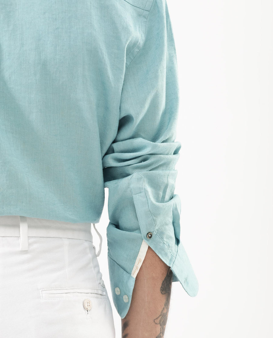 Rare Rabbit Men's Linex-1 Flouroscent Blue Linen Plain Regular Fit Full Sleeve Collared Shirt