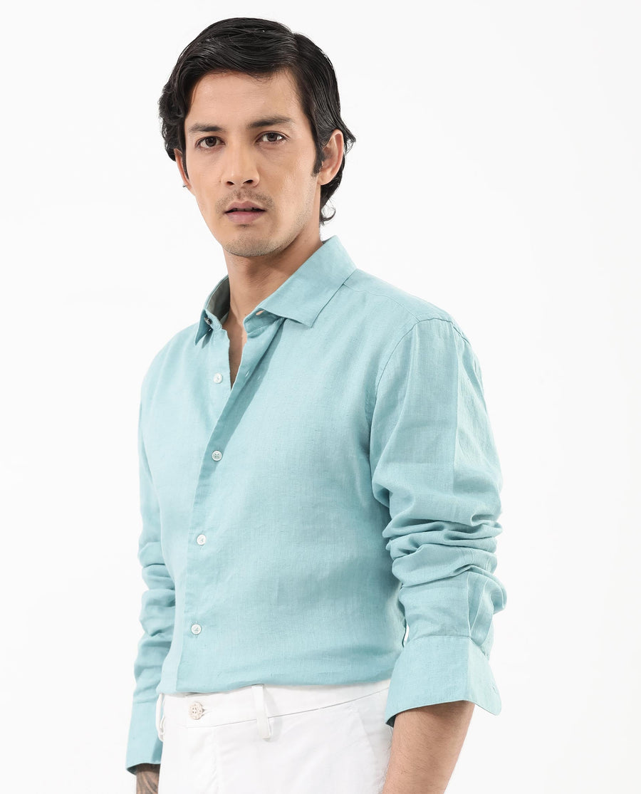 Rare Rabbit Men's Linex-1 Flouroscent Blue Linen Plain Regular Fit Full Sleeve Collared Shirt