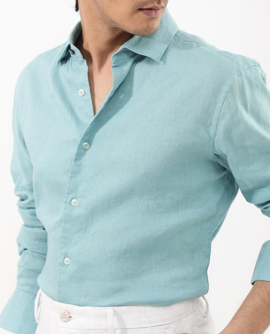 Rare Rabbit Men's Linex-1 Flouroscent Blue Linen Plain Regular Fit Full Sleeve Collared Shirt