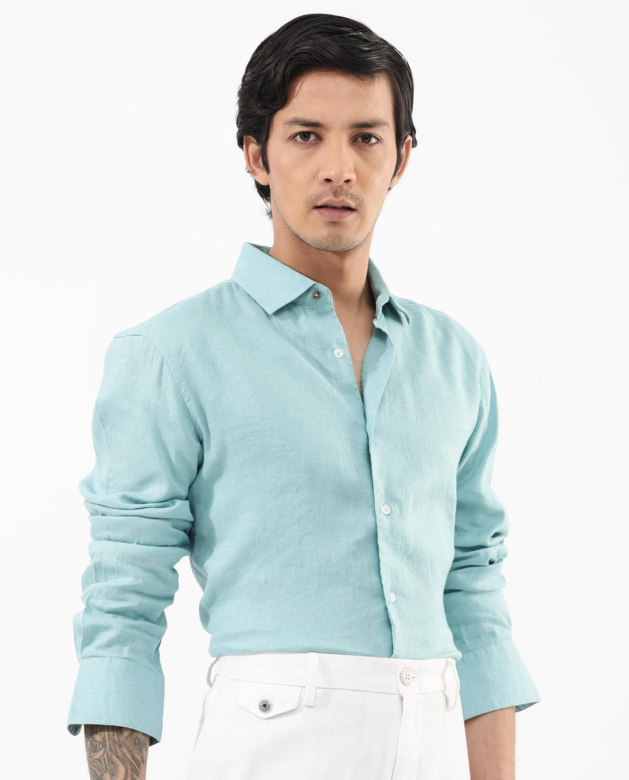 Rare Rabbit Men's Linex-1 Flouroscent Blue Linen Plain Regular Fit Full Sleeve Collared Shirt