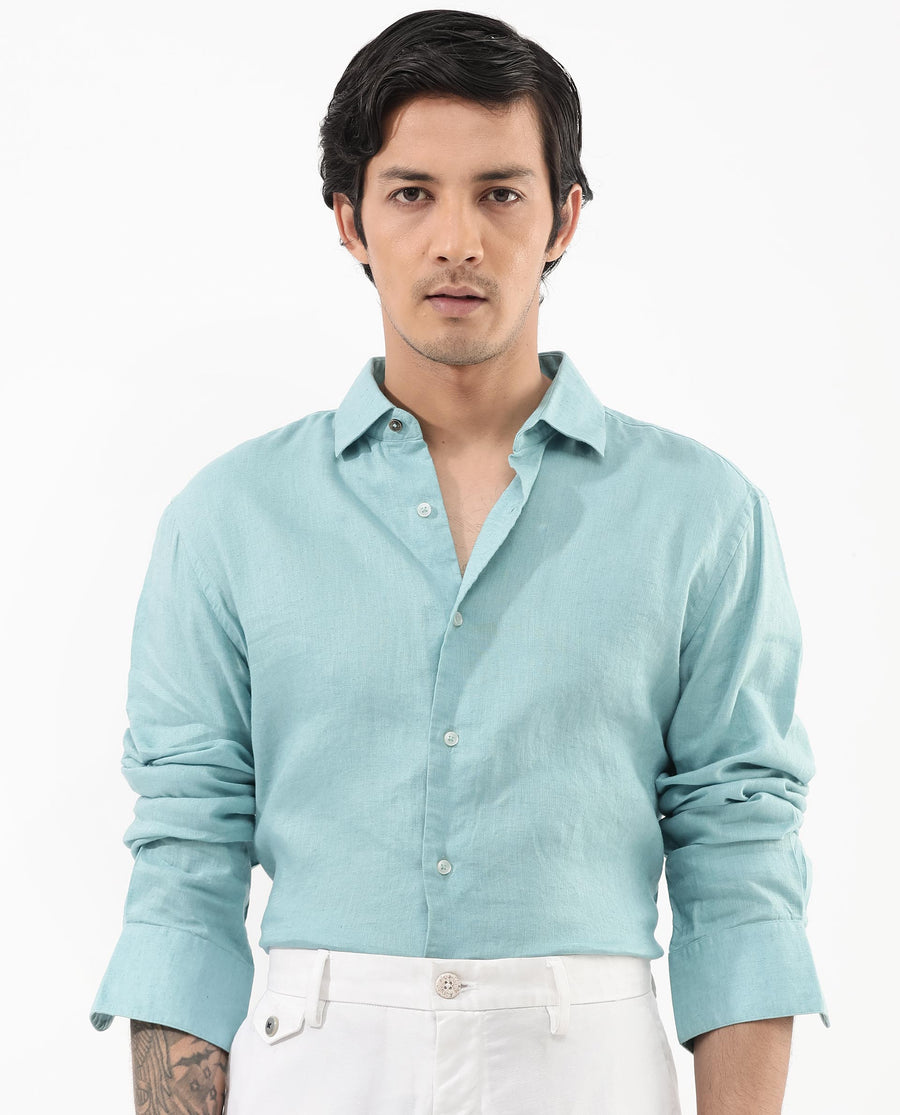 Rare Rabbit Men's Linex-1 Flouroscent Blue Linen Plain Regular Fit Full Sleeve Collared Shirt