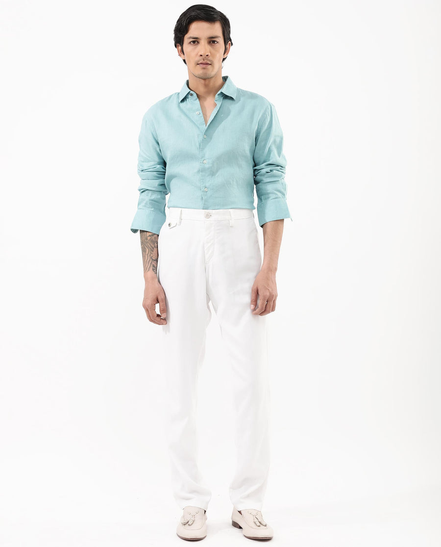 Rare Rabbit Men's Linex-1 Flouroscent Blue Linen Plain Regular Fit Full Sleeve Collared Shirt