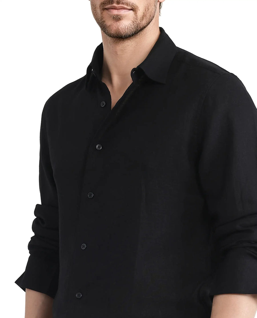 Rare Rabbit Men's Linex Ls-25 Black Linen Blend Plain Regular Fit Full Sleeve Collared Shirt