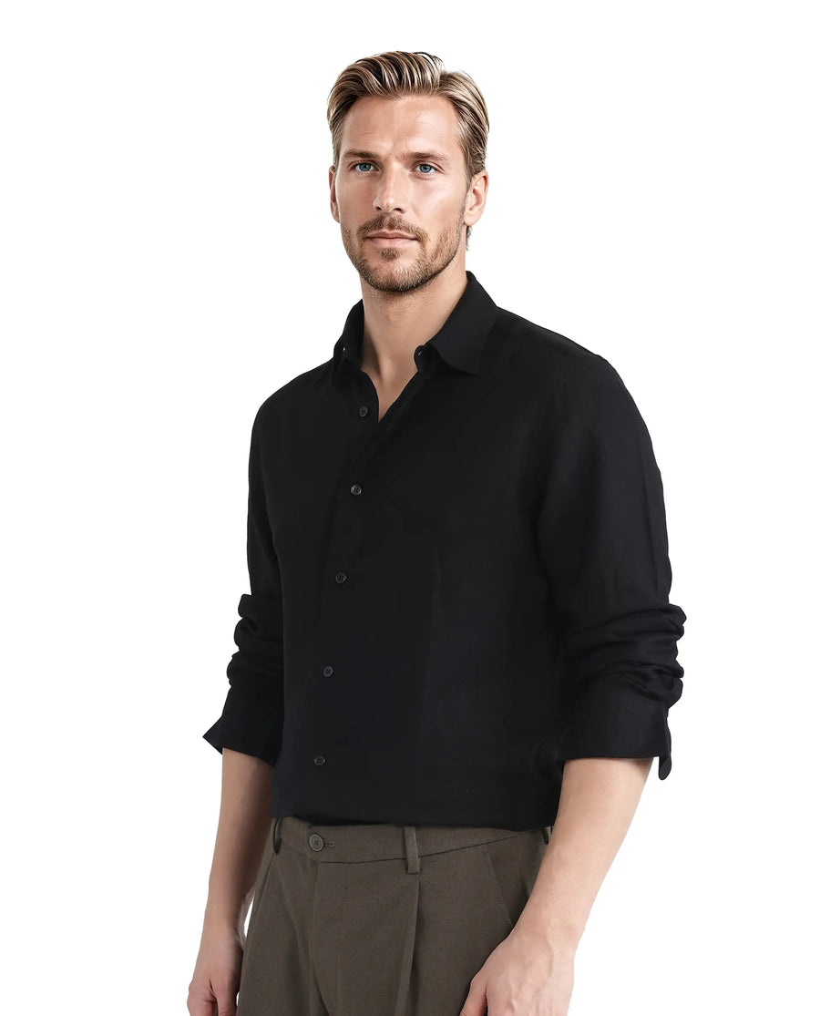 Rare Rabbit Men's Linex Ls-25 Black Linen Blend Plain Regular Fit Full Sleeve Collared Shirt