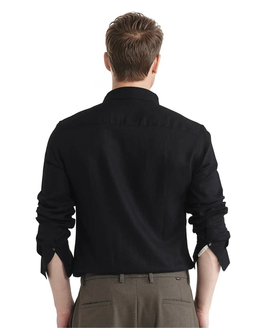 Rare Rabbit Men's Linex Ls-25 Black Linen Blend Plain Regular Fit Full Sleeve Collared Shirt