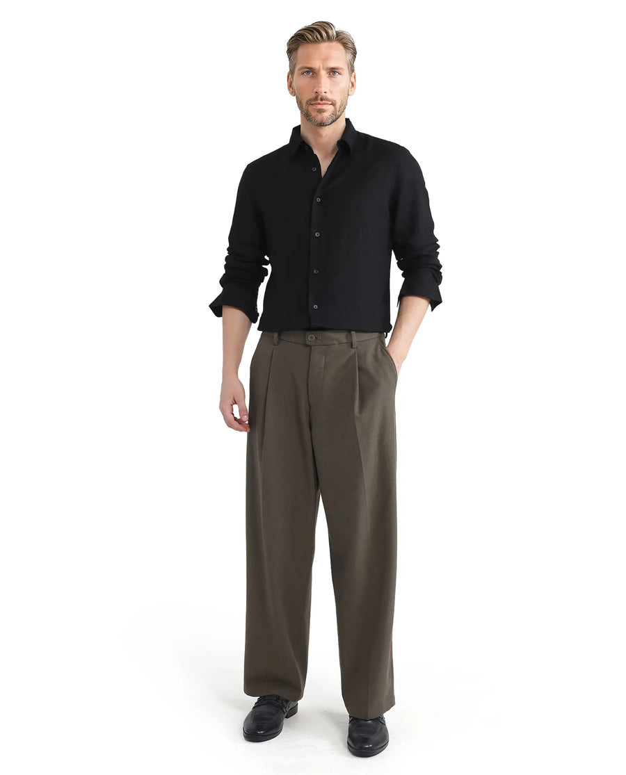 Rare Rabbit Men's Linex Ls-25 Black Linen Blend Plain Regular Fit Full Sleeve Collared Shirt