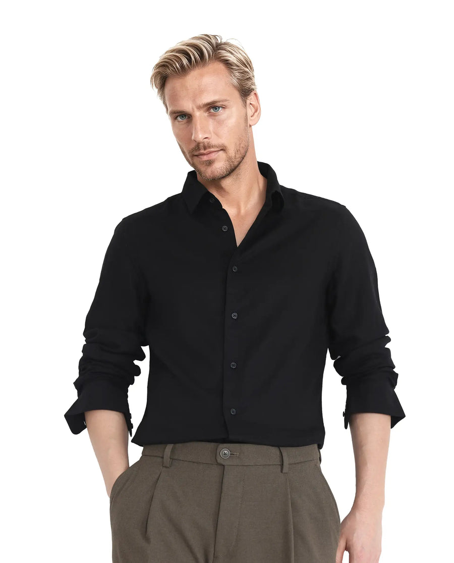 Rare Rabbit Men's Linex Ls-25 Black Linen Blend Plain Regular Fit Full Sleeve Collared Shirt