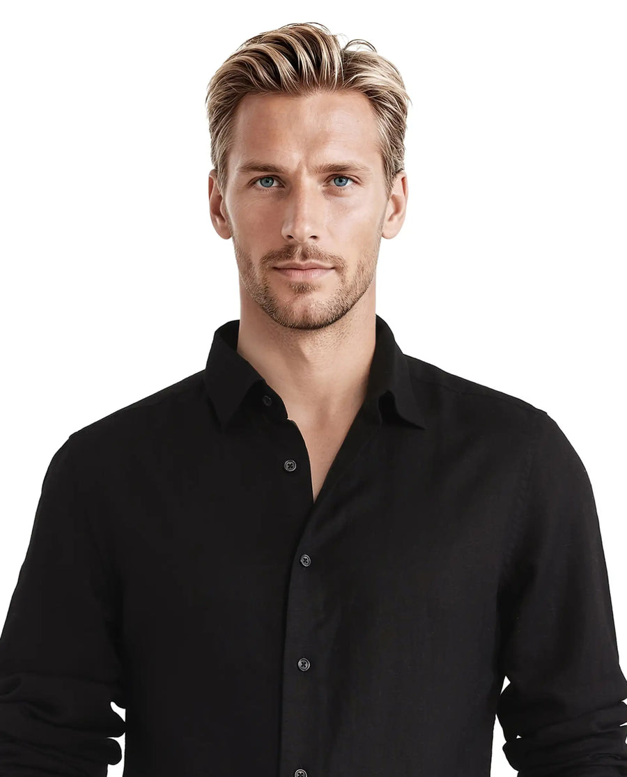 Rare Rabbit Men's Linex Ls-25 Black Linen Blend Plain Regular Fit Full Sleeve Collared Shirt
