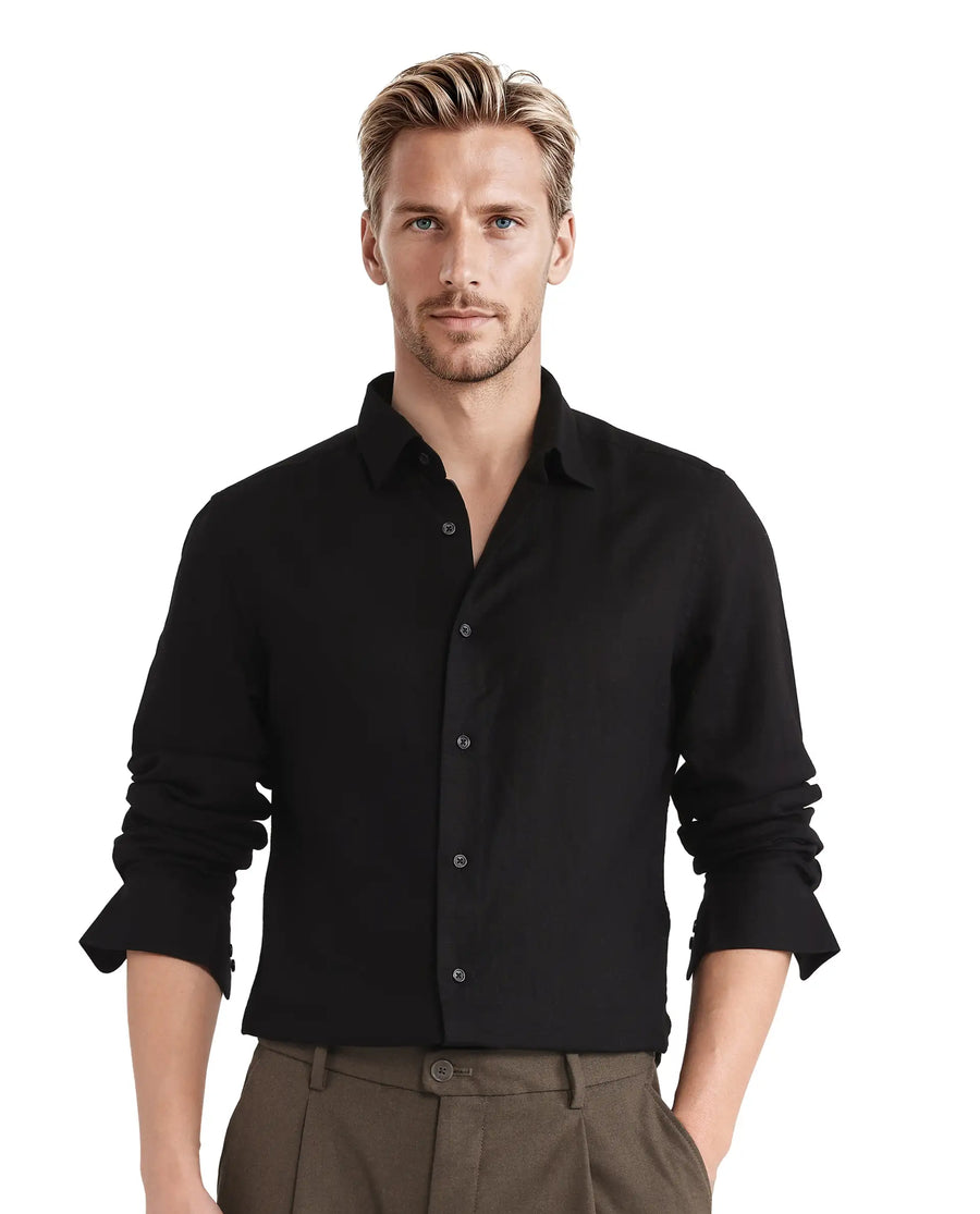 Rare Rabbit Men's Linex Ls-25 Black Linen Blend Plain Regular Fit Full Sleeve Collared Shirt