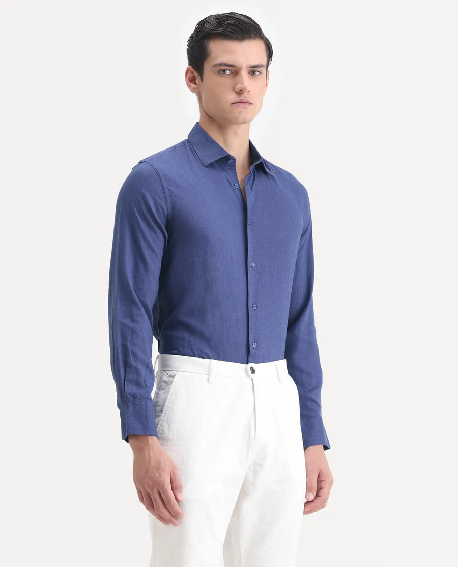Rare Rabbit Men's Linex Ls-25 Blue Linen Blend Plain Regular Fit Full Sleeve Collared Shirt