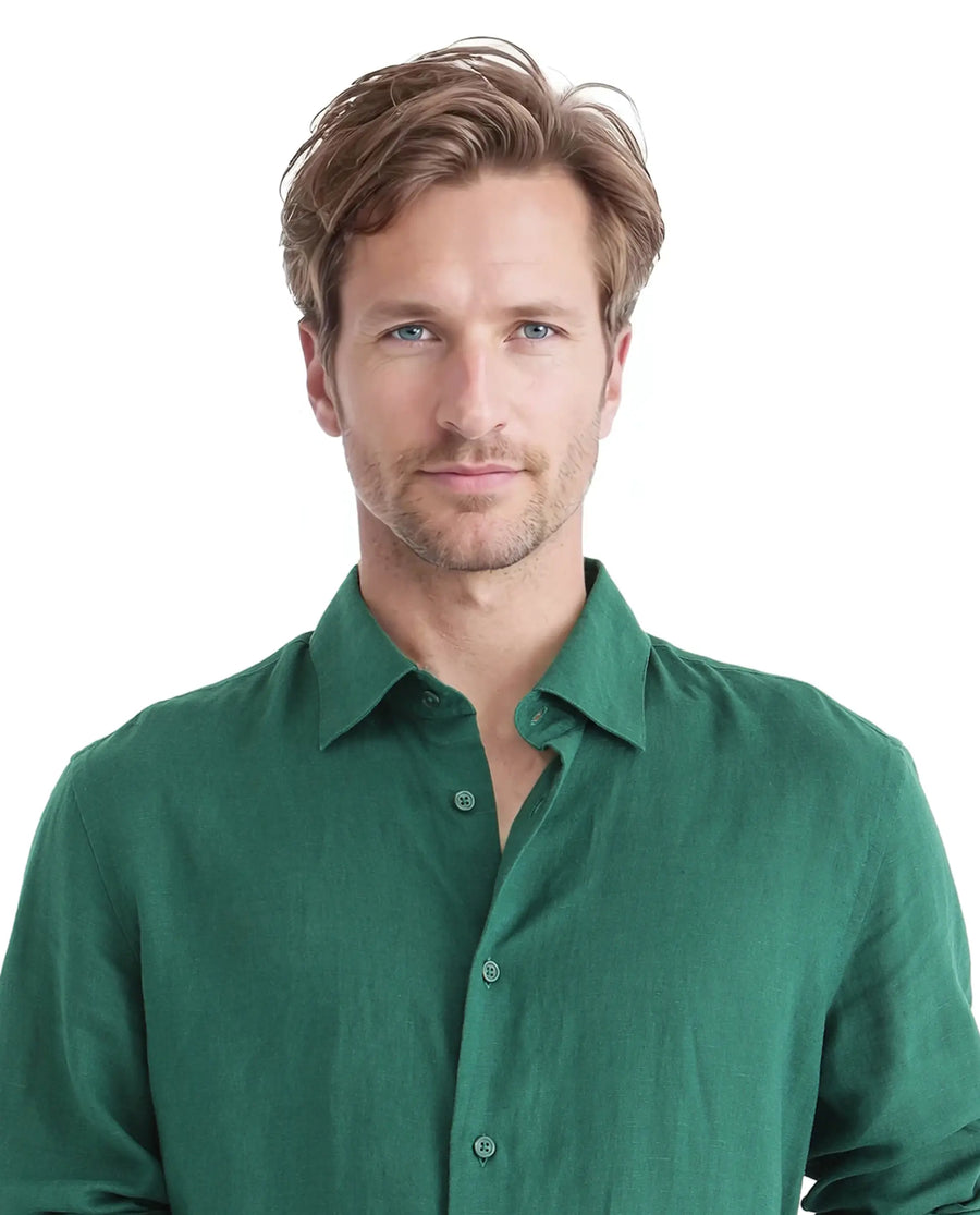 Rare Rabbit Men's Linex Ls-25 Green Linen Blend Plain Regular Fit Full Sleeve Collared Shirt
