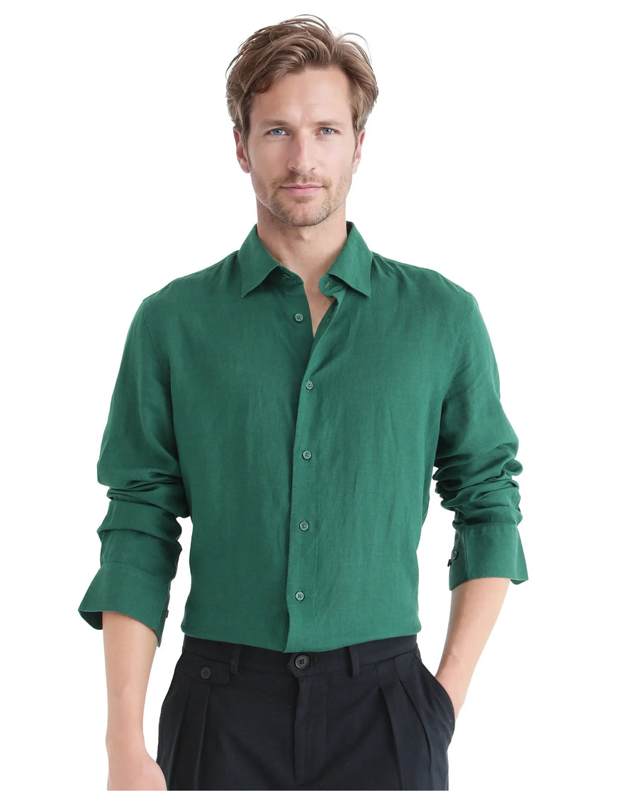 Rare Rabbit Men's Linex Ls-25 Green Linen Blend Plain Regular Fit Full Sleeve Collared Shirt