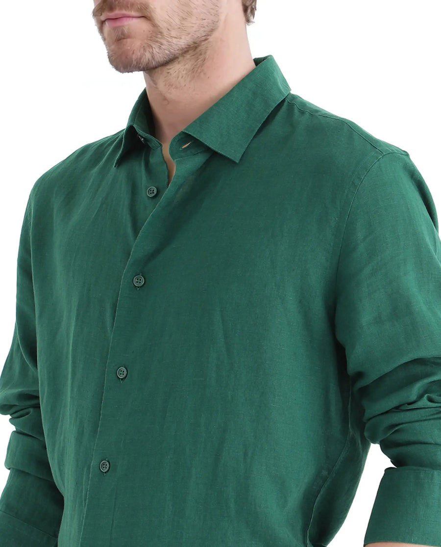 Rare Rabbit Men's Linex Ls-25 Green Linen Blend Plain Regular Fit Full Sleeve Collared Shirt