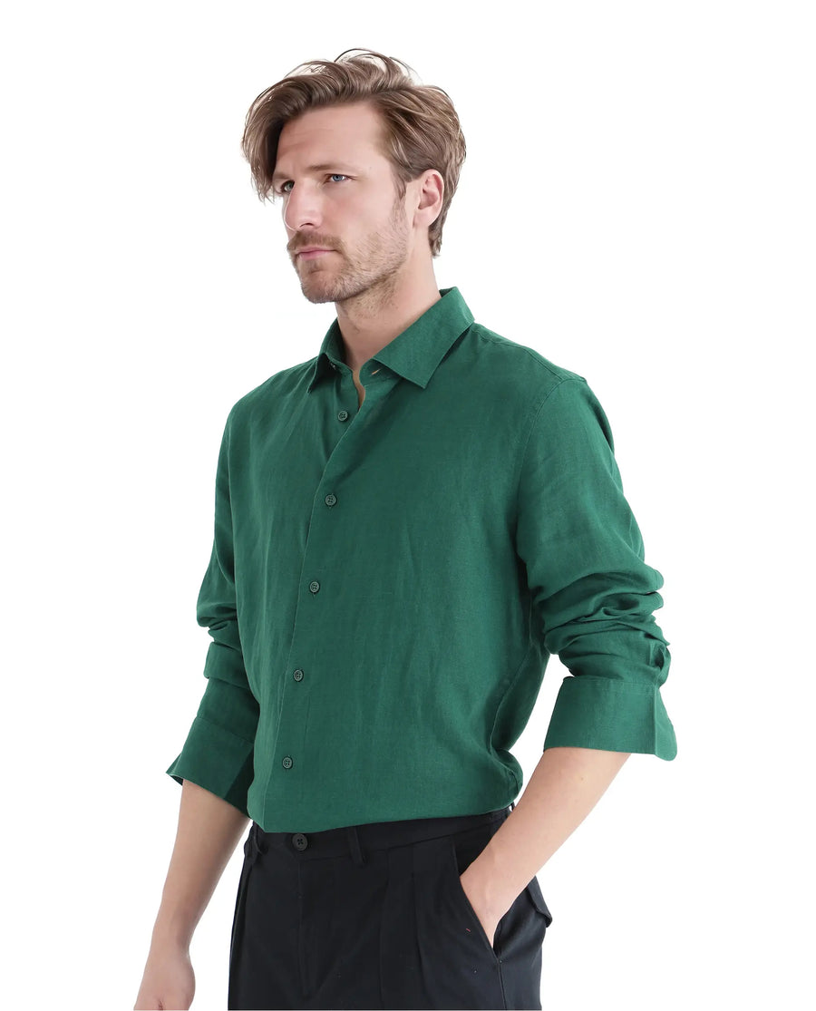 Rare Rabbit Men's Linex Ls-25 Green Linen Blend Plain Regular Fit Full Sleeve Collared Shirt