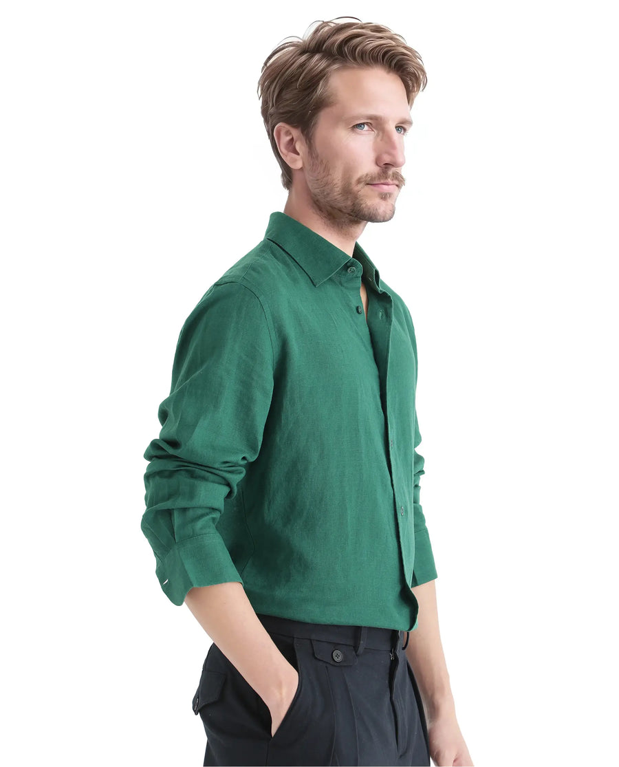 Rare Rabbit Men's Linex Ls-25 Green Linen Blend Plain Regular Fit Full Sleeve Collared Shirt