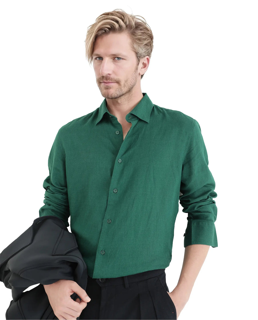 Rare Rabbit Men's Linex Ls-25 Green Linen Blend Plain Regular Fit Full Sleeve Collared Shirt