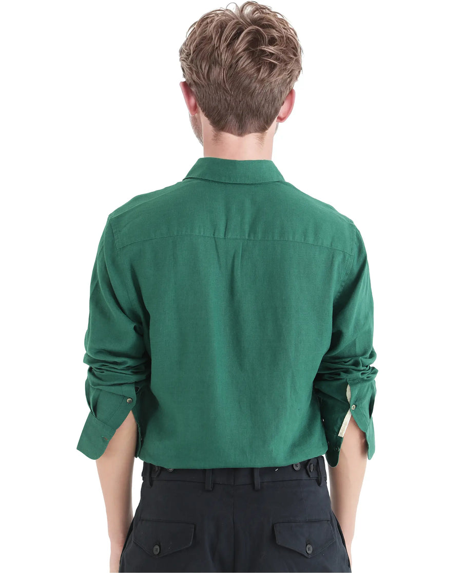 Rare Rabbit Men's Linex Ls-25 Green Linen Blend Plain Regular Fit Full Sleeve Collared Shirt
