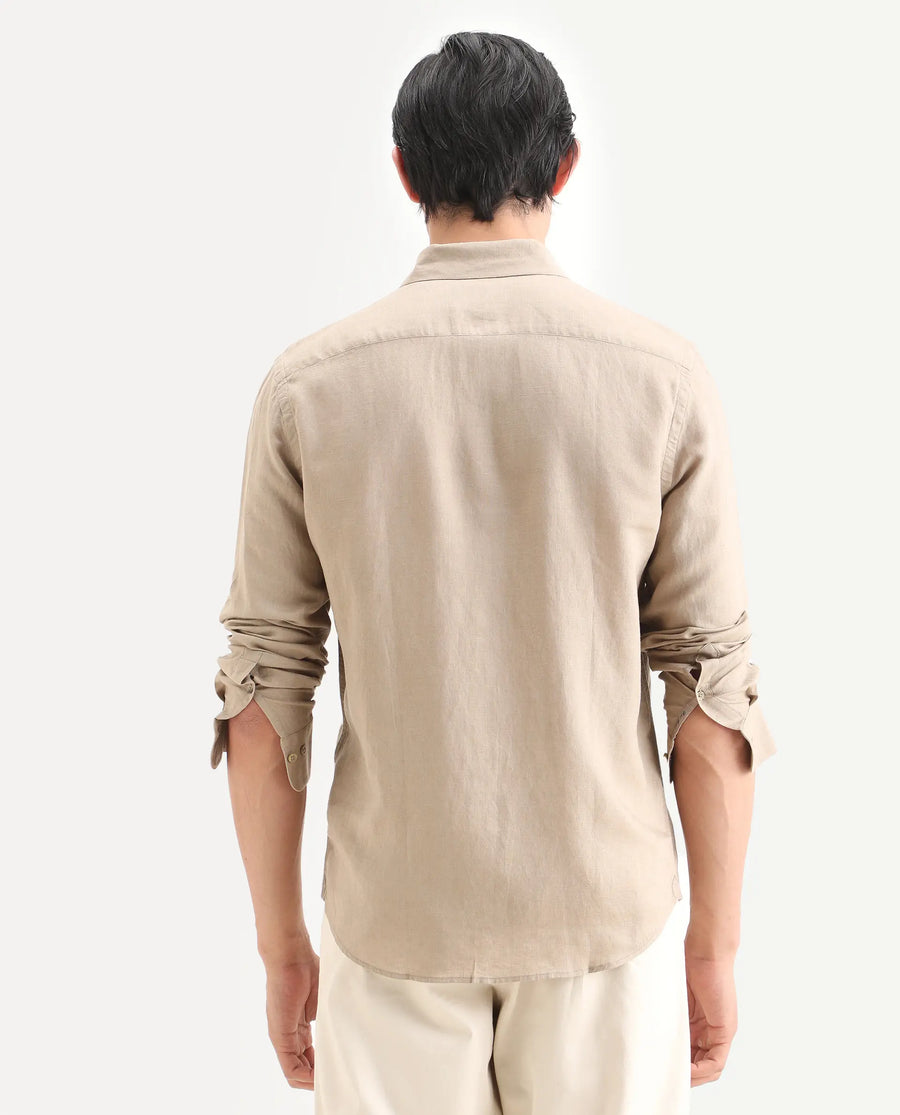 Rare Rabbit Men's Linex Ls Beige Linen Blend Fabric Full Sleeve Spread Collar Regular Fit Plain Shirt