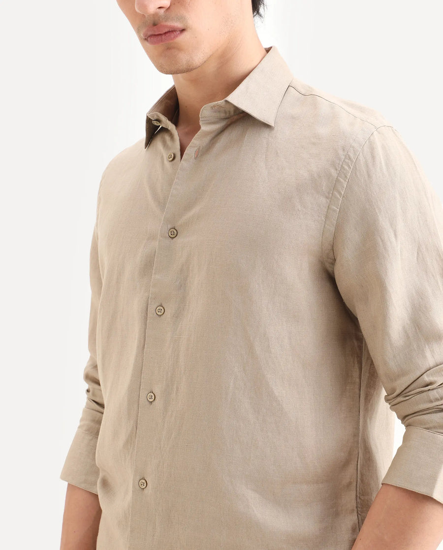 Rare Rabbit Men's Linex Ls Beige Linen Blend Fabric Full Sleeve Spread Collar Regular Fit Plain Shirt