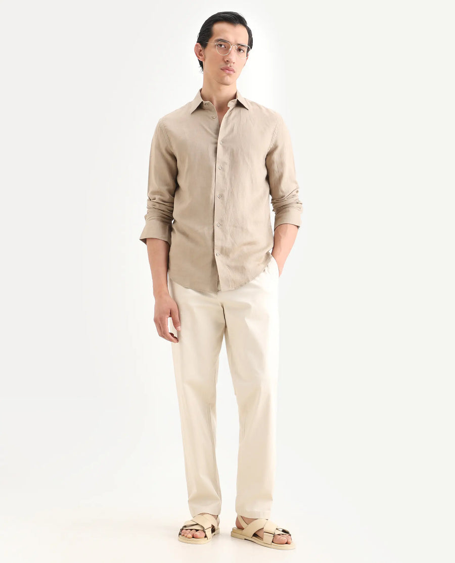 Rare Rabbit Men's Linex Ls Beige Linen Blend Fabric Full Sleeve Spread Collar Regular Fit Plain Shirt
