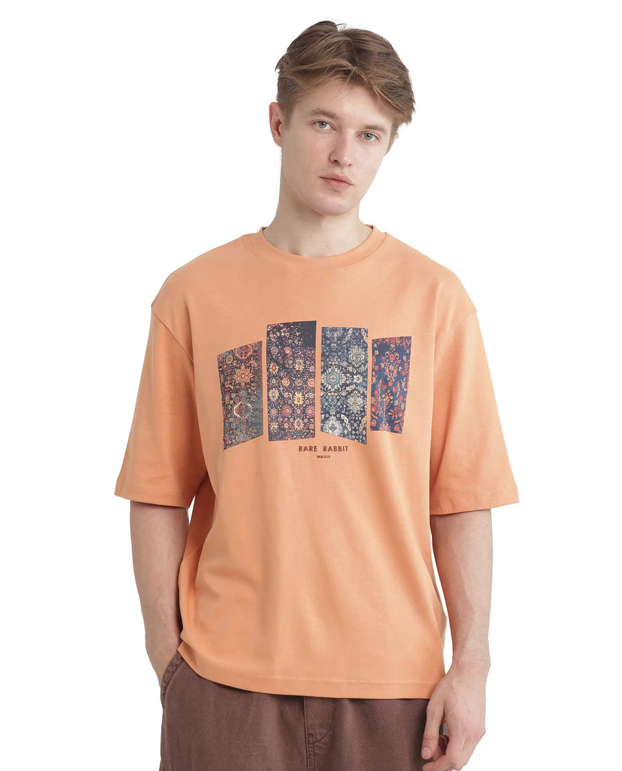 Rare Rabbit Men's Lino Dark Orange Cotton Graphic Print Qlo Fit Half Sleeve Crew Neck T-Shirt