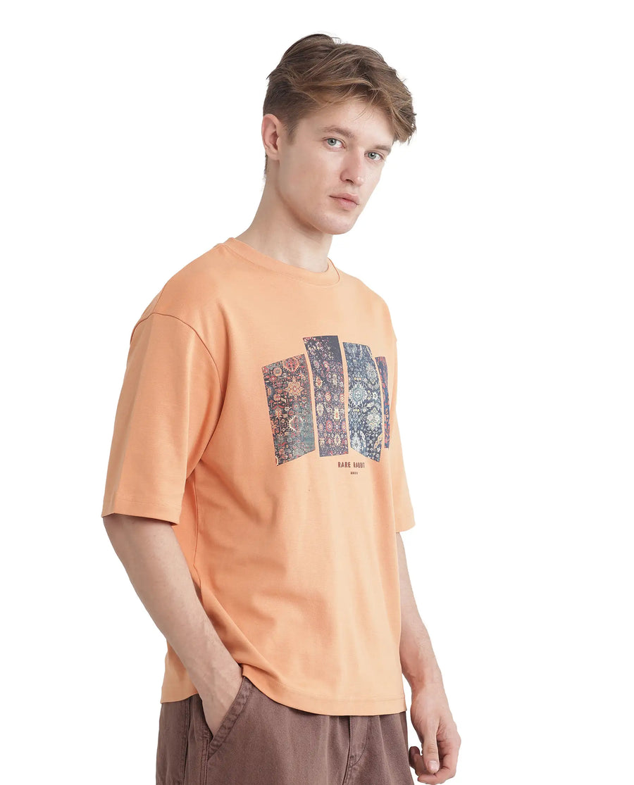 Rare Rabbit Men's Lino Dark Orange Cotton Graphic Print Qlo Fit Half Sleeve Crew Neck T-Shirt