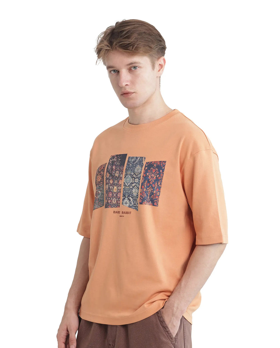 Rare Rabbit Men's Lino Dark Orange Cotton Graphic Print Qlo Fit Half Sleeve Crew Neck T-Shirt
