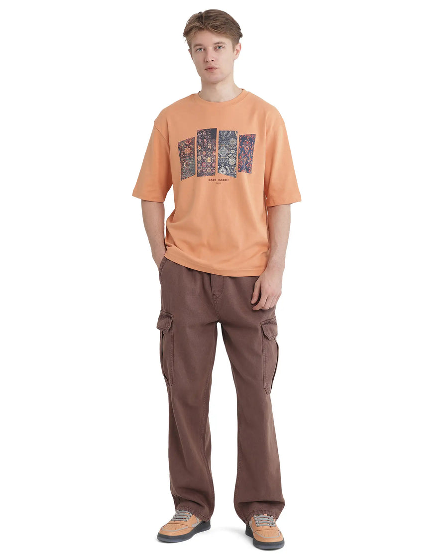 Rare Rabbit Men's Lino Dark Orange Cotton Graphic Print Qlo Fit Half Sleeve Crew Neck T-Shirt