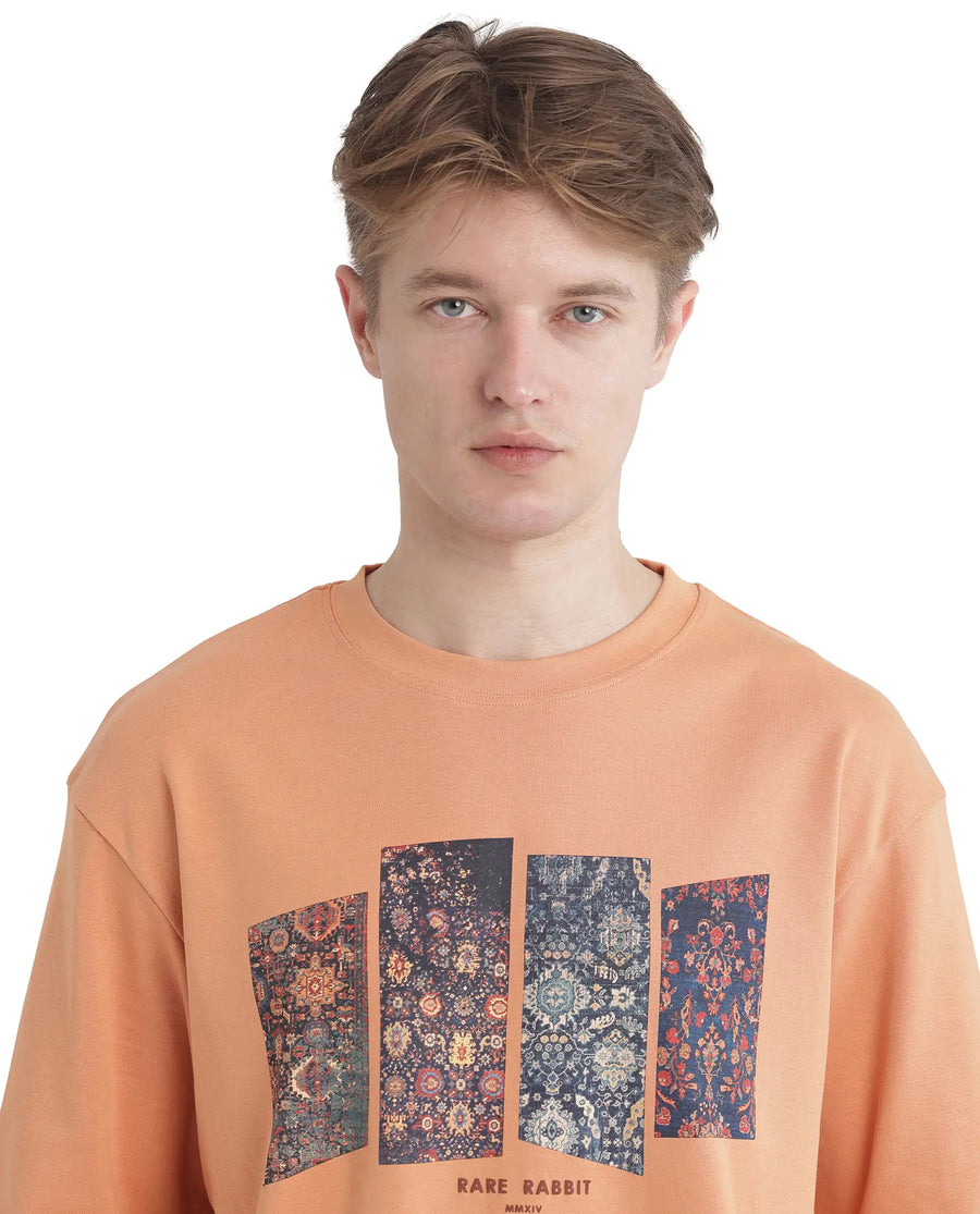 Rare Rabbit Men's Lino Dark Orange Cotton Graphic Print Qlo Fit Half Sleeve Crew Neck T-Shirt