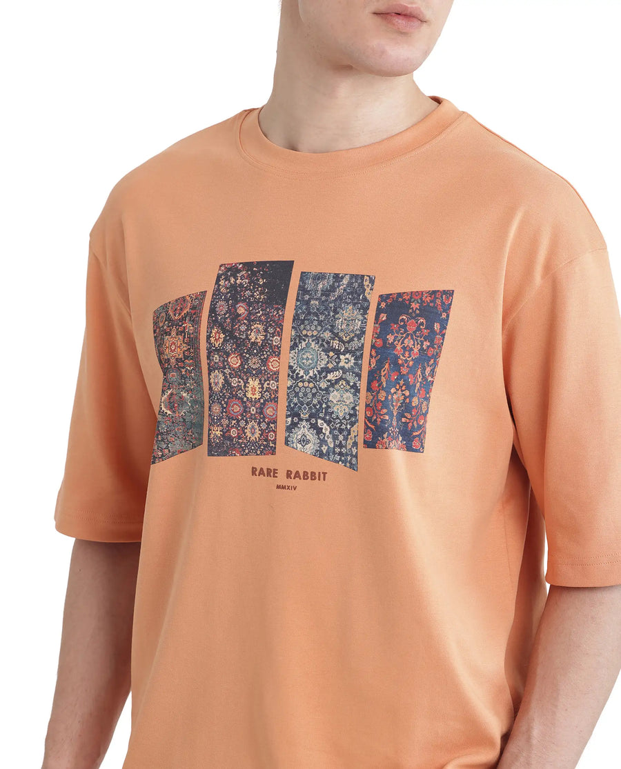 Rare Rabbit Men's Lino Dark Orange Cotton Graphic Print Qlo Fit Half Sleeve Crew Neck T-Shirt